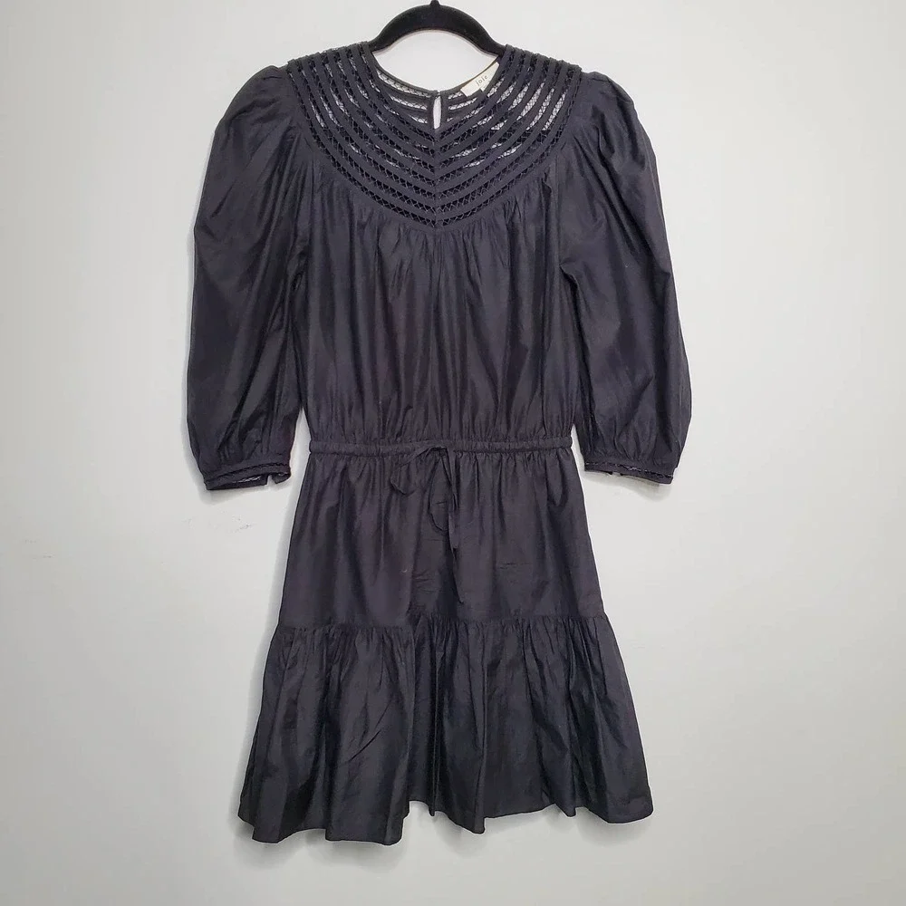 JOIE • Black Mishika Cotton Silk Blend Drawstring Victorian Dress Sz XXS - Picture 3 of 9
